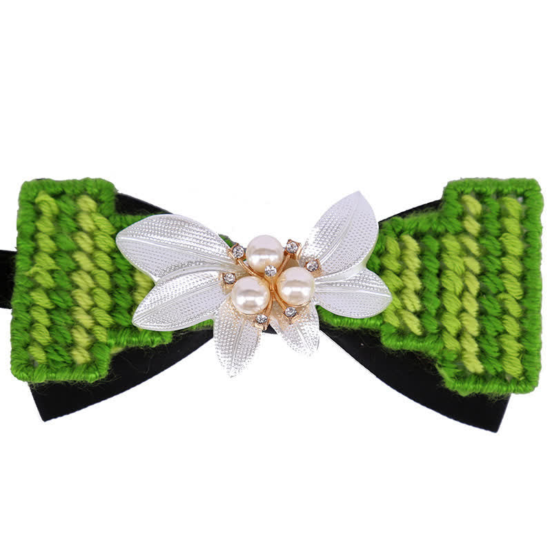 Men's Wool Weave Pearl Rinestone Flower Bow Tie - Green - image 4