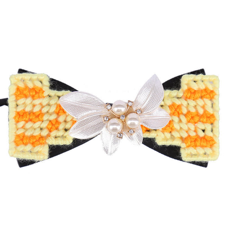 Men's Wool Weave Pearl Rinestone Flower Bow Tie - Yellow - image 9