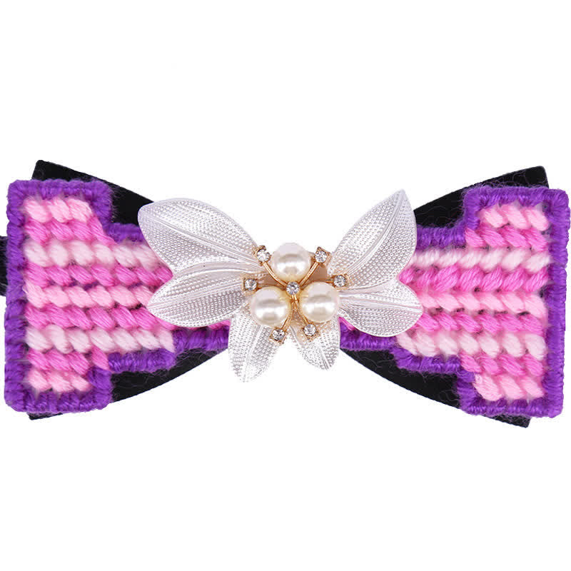 Men's Wool Weave Pearl Rinestone Flower Bow Tie - Purple - image 8