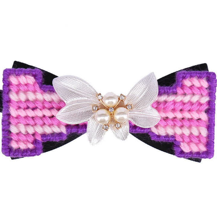 Men's Wool Weave Pearl Rinestone Flower Bow Tie - Purple - image 8