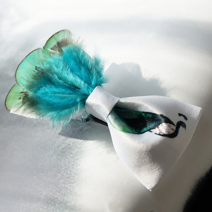 Turquoise & White Peacock Tail Feather Bow Tie - image 1