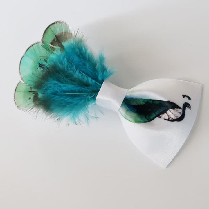 Turquoise & White Peacock Tail Feather Bow Tie - image 2