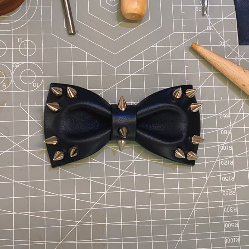 Men's Black Rivet Spiked Leather Bow Tie - image 1
