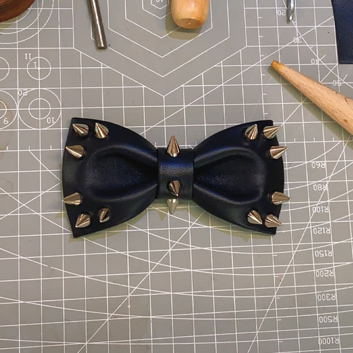 Men's Black Rivet Spiked Leather Bow Tie - image 1