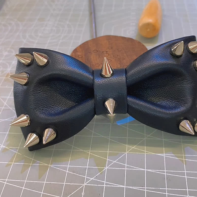 Men's Black Rivet Spiked Leather Bow Tie - image 2