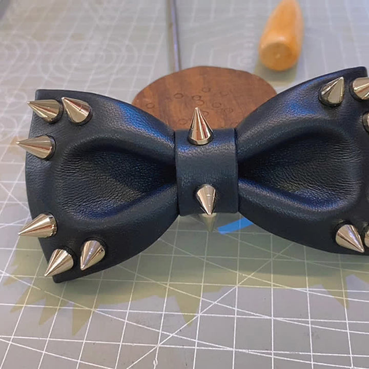Men's Black Rivet Spiked Leather Bow Tie - image 2