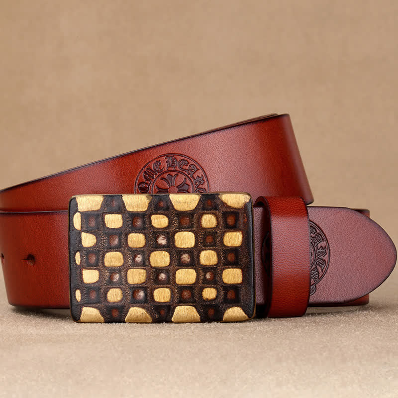 Men's Geometric Checkered Style Leather Belt - Brown - 44 - image 11