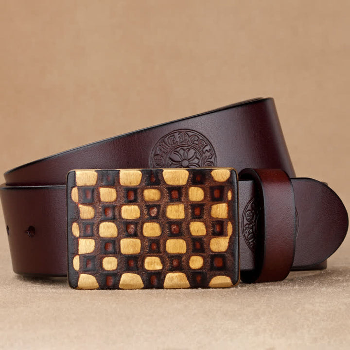 Men's Geometric Checkered Style Leather Belt - Coffee - 44 - image 2