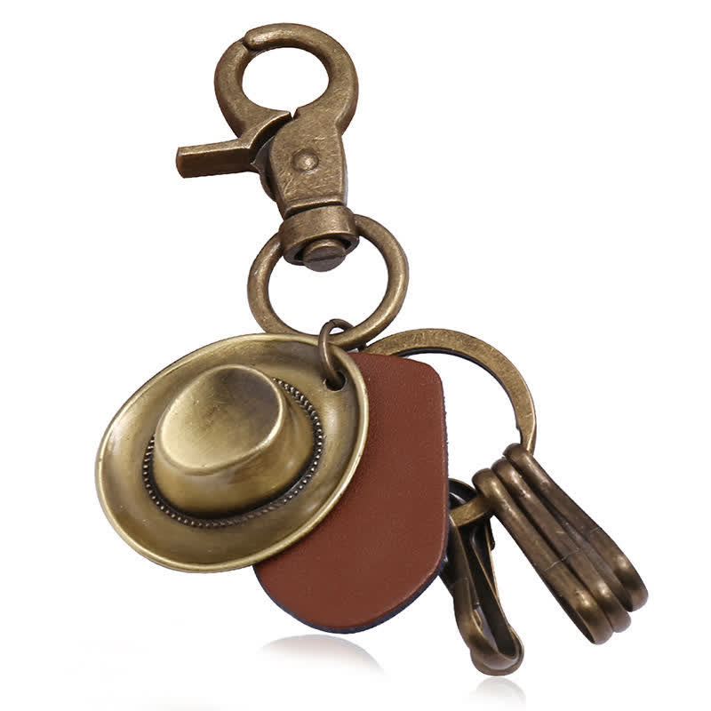 Retro Ancient Bronze Cowboy Hat Leather Keychain - Cowboy Hat - image 0