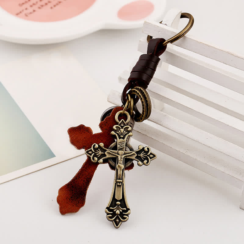 Antique Bronze Cross Pendant Leather Keychain - image 2