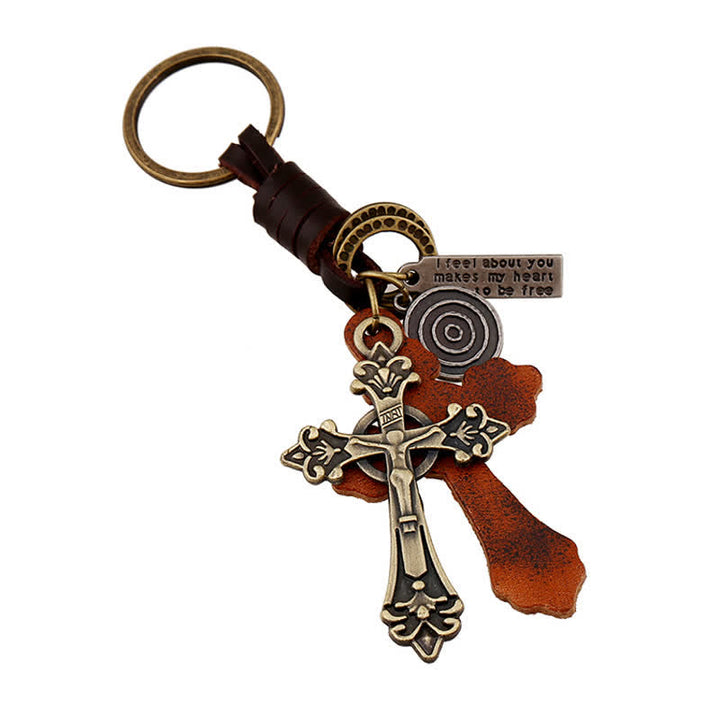 Antique Bronze Cross Pendant Leather Keychain - Cross - image 0