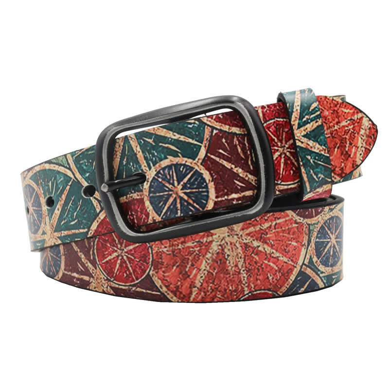 Retro Green & Orange Lemon Printed Leather Belt - Green & Orange - 44 - image 0