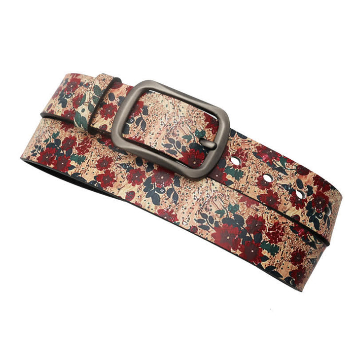 Decorated Red Flower Leaves Printed Leather Belt - image 5