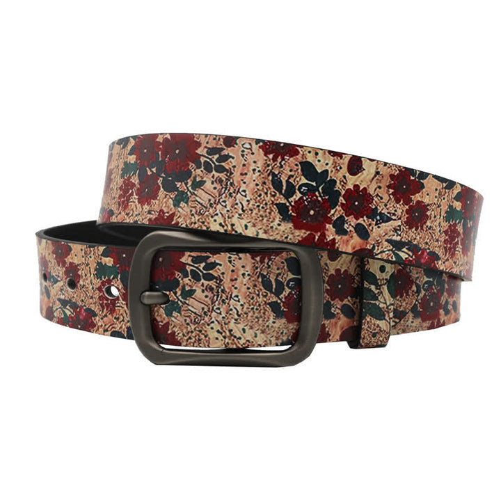 Decorated Red Flower Leaves Printed Leather Belt - image 1