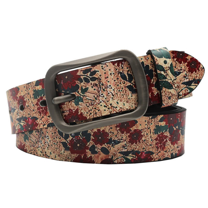 Decorated Red Flower Leaves Printed Leather Belt - Red & Bisque - 44 - image 0