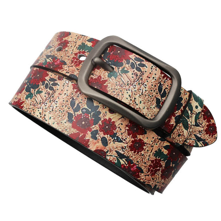 Decorated Red Flower Leaves Printed Leather Belt - image 2
