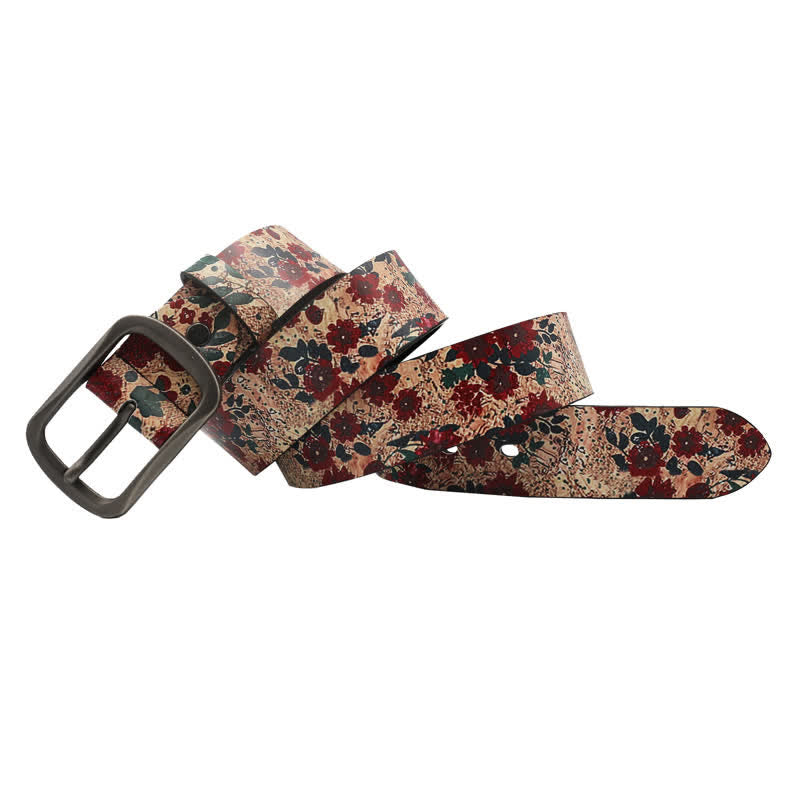 Decorated Red Flower Leaves Printed Leather Belt - image 3