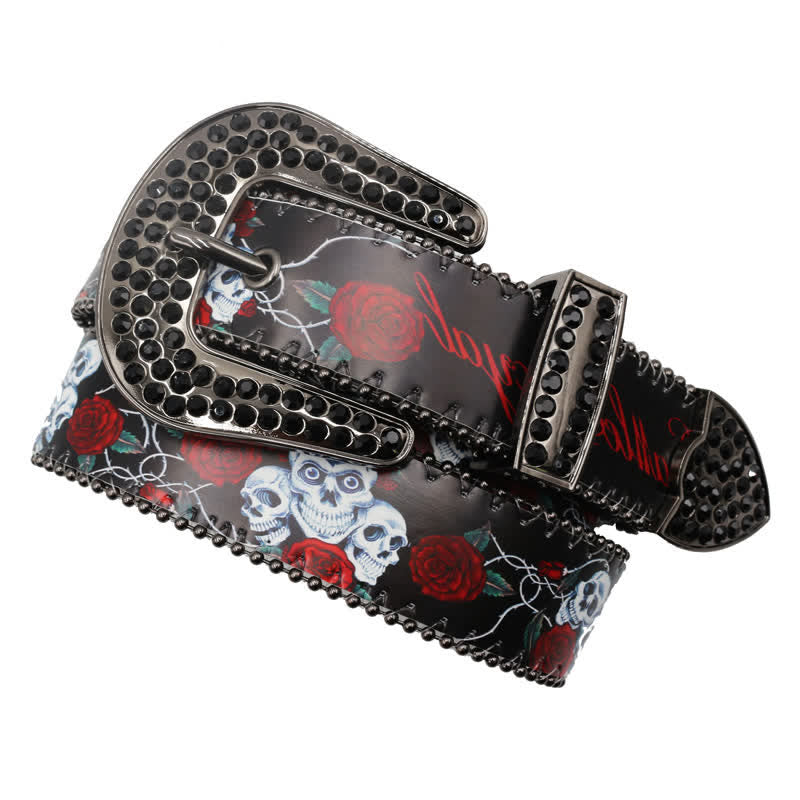 Gothic Rhinestones Skeleton Rose Printed Leather Belt - image 1