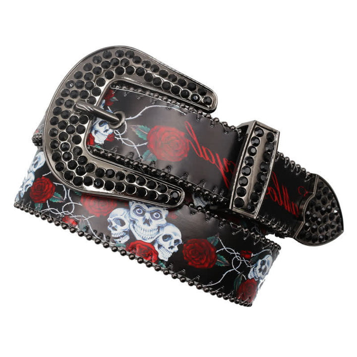 Gothic Rhinestones Skeleton Rose Printed Leather Belt - image 1