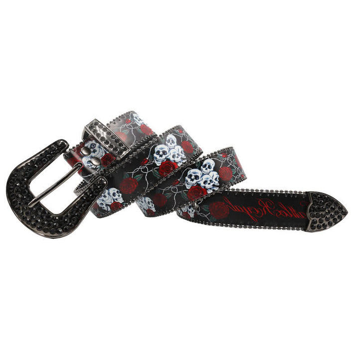Gothic Rhinestones Skeleton Rose Printed Leather Belt - image 3