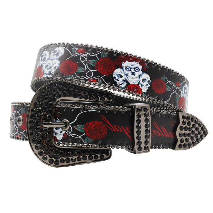 Gothic Rhinestones Skeleton Rose Printed Leather Belt - Black - 44 - image 0