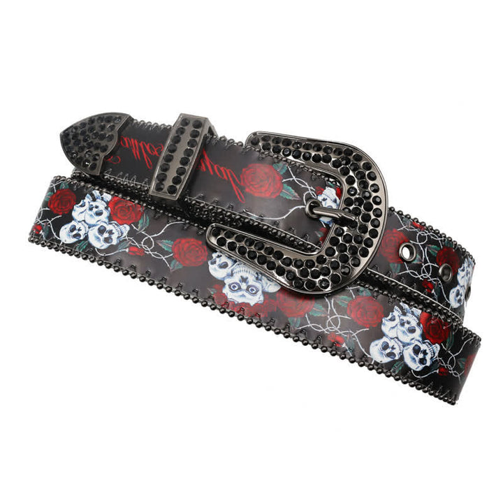 Gothic Rhinestones Skeleton Rose Printed Leather Belt - image 4