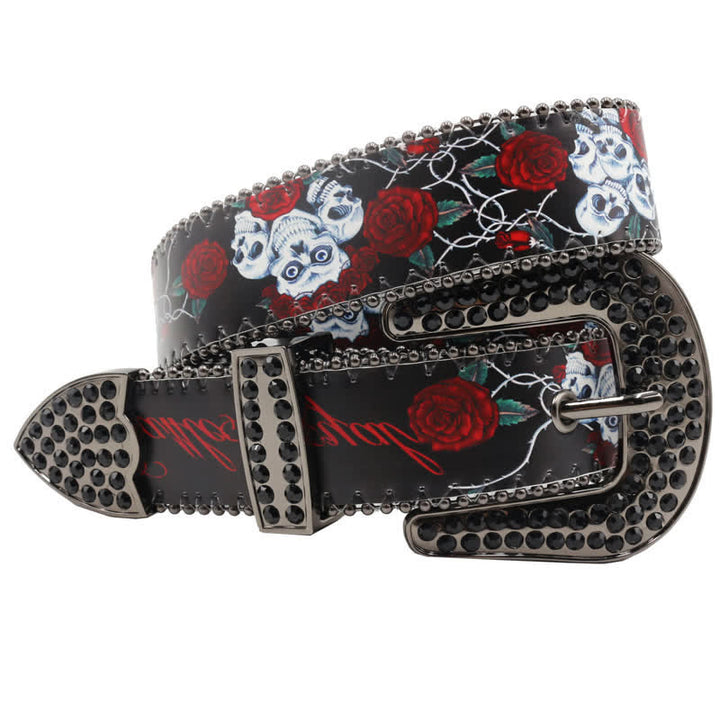 Gothic Rhinestones Skeleton Rose Printed Leather Belt - image 2