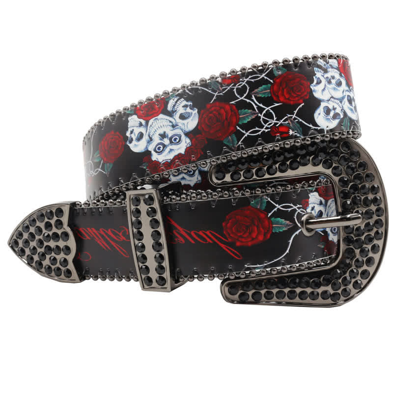 Gothic Rhinestones Skeleton Rose Printed Leather Belt - image 2