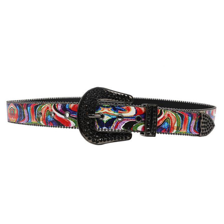 Graffiti Rainbow Printed Rhinestones Buckle Leather Belt - image 2