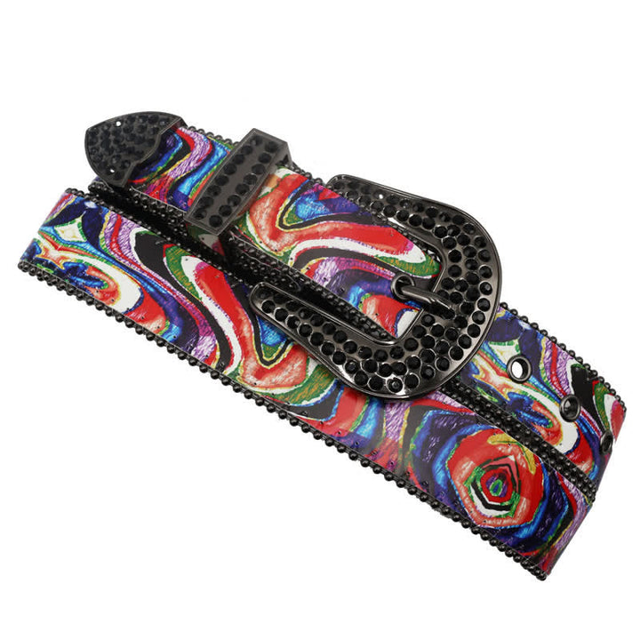 Graffiti Rainbow Printed Rhinestones Buckle Leather Belt - image 3