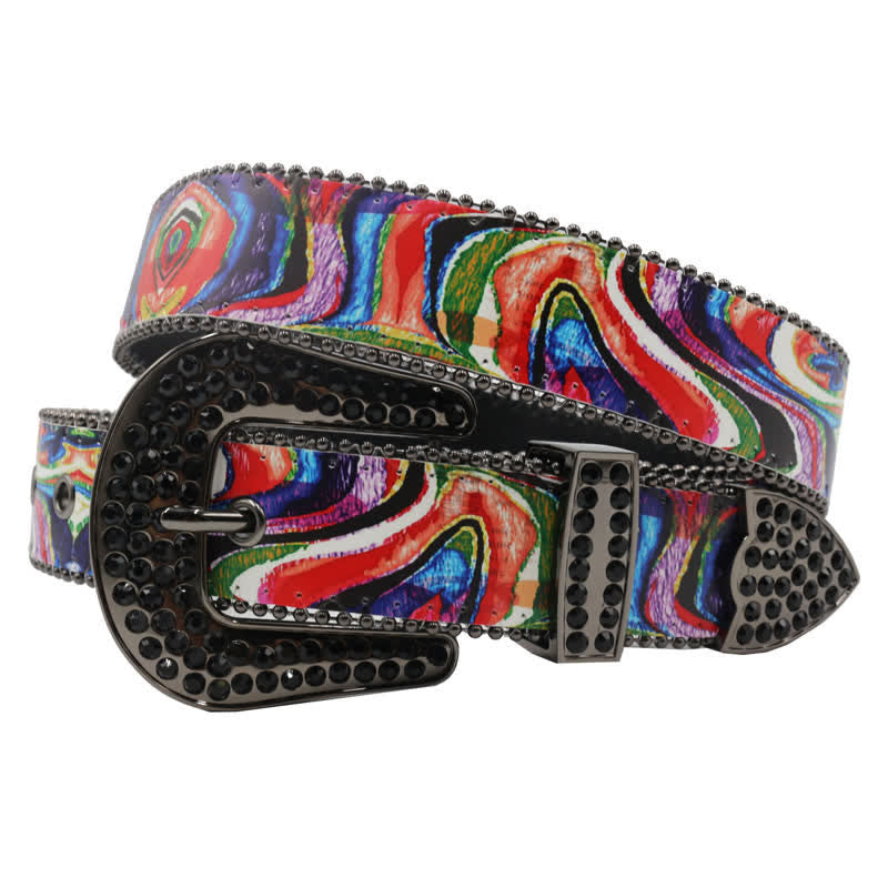 Graffiti Rainbow Printed Rhinestones Buckle Leather Belt - Colorful - 44 - image 0