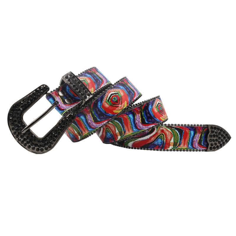 Graffiti Rainbow Printed Rhinestones Buckle Leather Belt - image 1