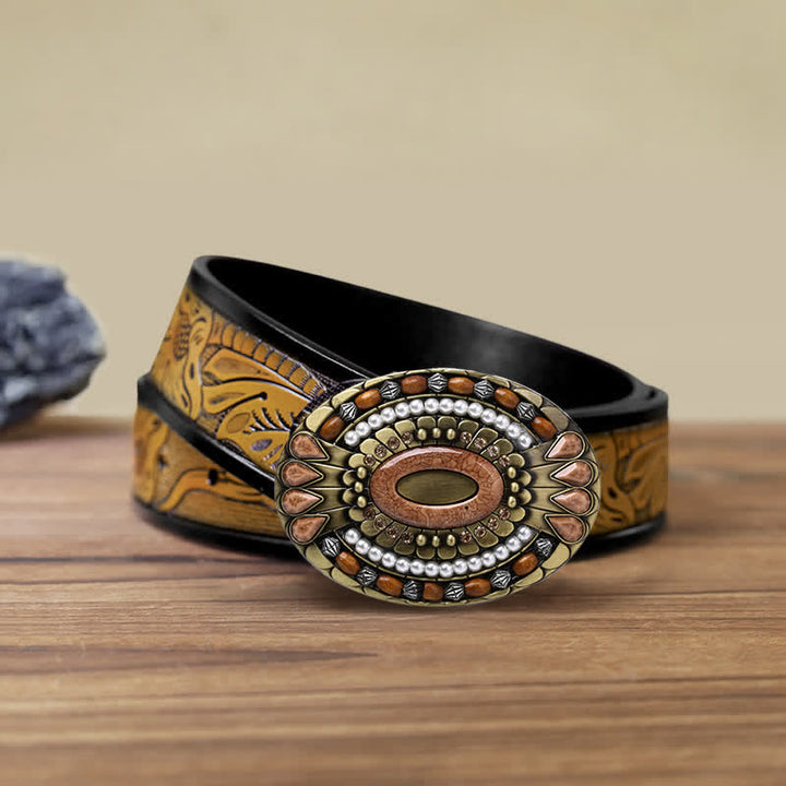 Men's DIY Indian Wood Bead Buckle Leather Belt - Round - SandyBrown Belt (40) - image 17