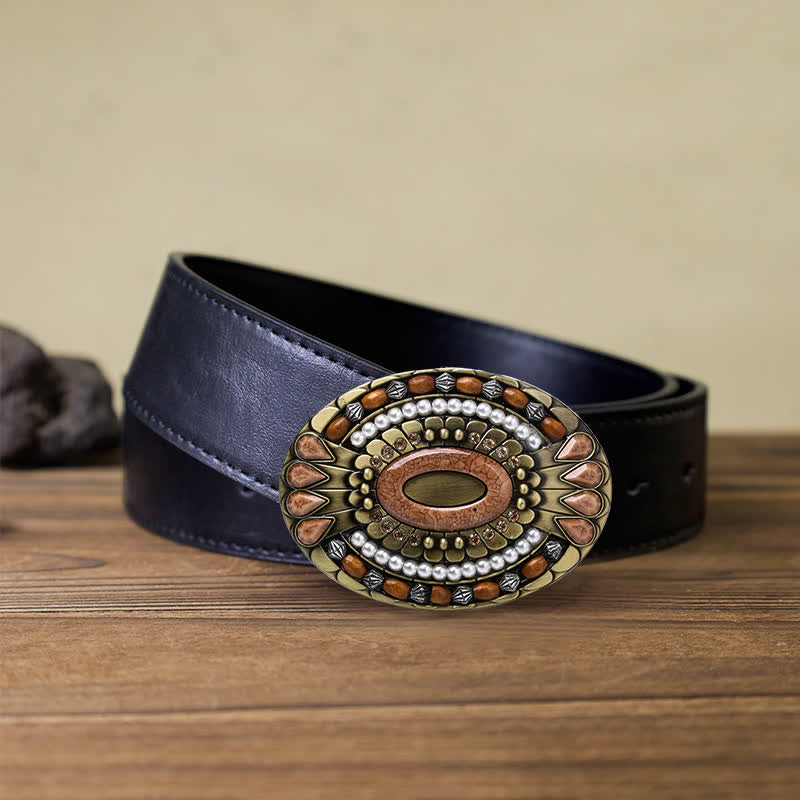 Men's DIY Indian Wood Bead Buckle Leather Belt - Round - Black PU Belt (40) - image 12
