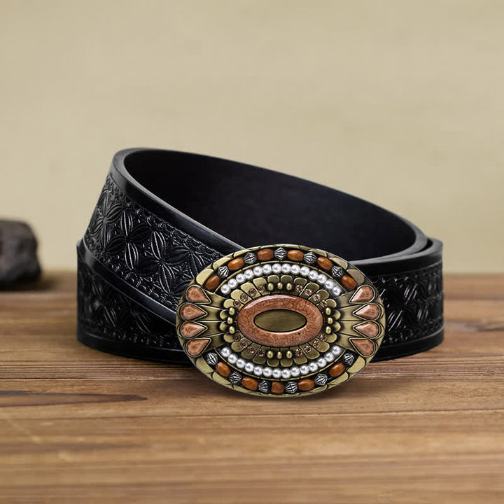 Men's DIY Indian Wood Bead Buckle Leather Belt - Round - Black Embossed Weave Belt (38) - image 14