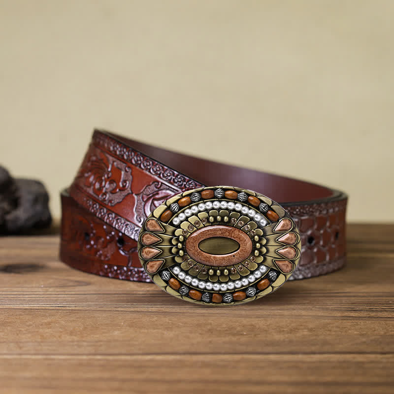Men's DIY Indian Wood Bead Buckle Leather Belt - Round - Brown Carved Belt (40) - image 16