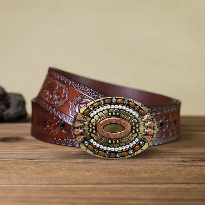 Men's DIY Indian Wood Bead Buckle Leather Belt - Round - Brown Carved Belt (40) - image 16