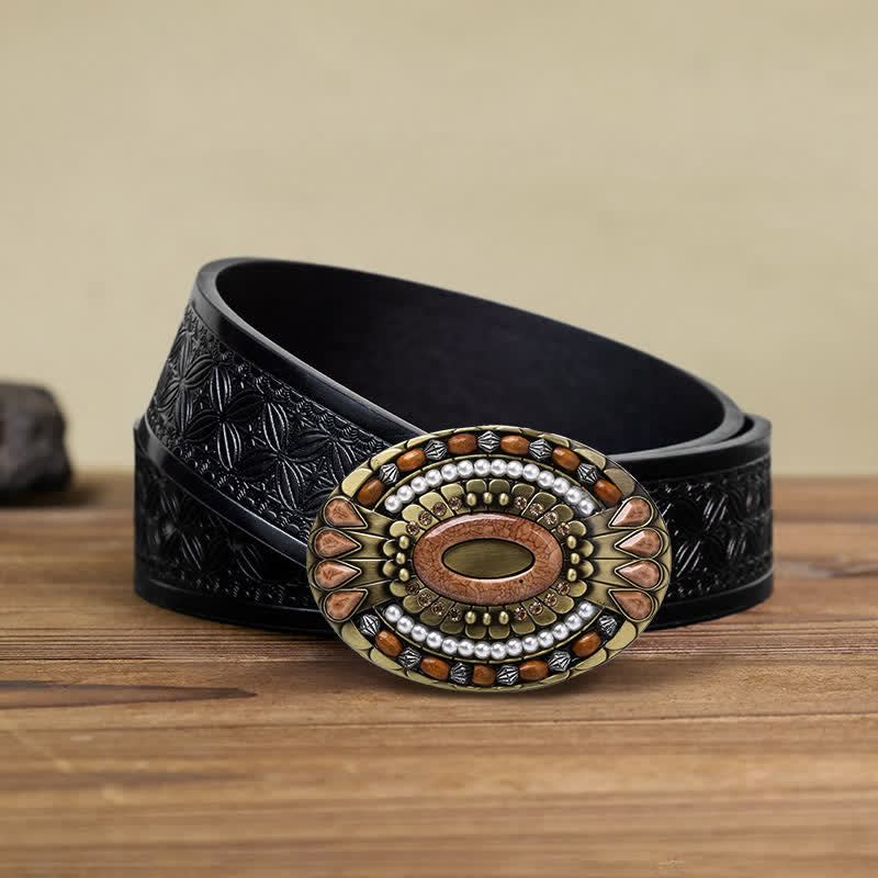 Men's DIY Indian Wood Bead Buckle Leather Belt - Round - Black Embossed Weave Belt (38) - image 14