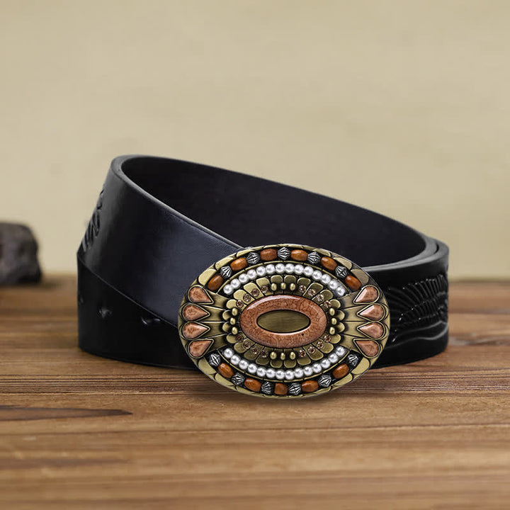 Men's DIY Indian Wood Bead Buckle Leather Belt - Round - Black Embossed Eagle Belt (38) - image 13