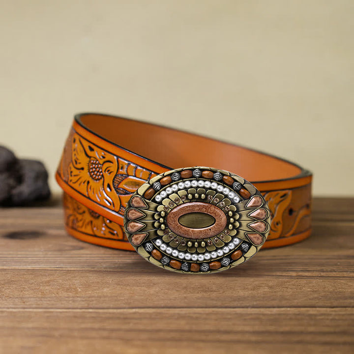 Men's DIY Indian Wood Bead Buckle Leather Belt - Round - Orange Carved Belt (40) - image 18