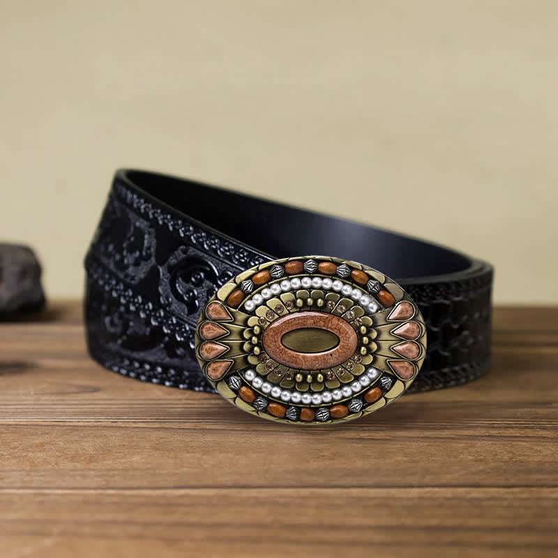Men's DIY Indian Wood Bead Buckle Leather Belt - Round - Black Carved Belt (40) - image 15