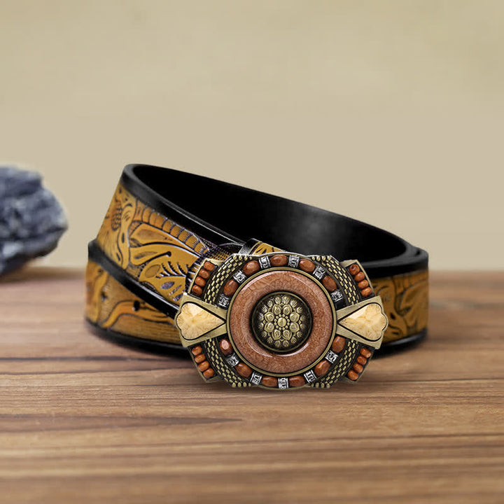 Men's DIY Indian Wood Bead Buckle Leather Belt - Square - SandyBrown Belt (40) - image 8