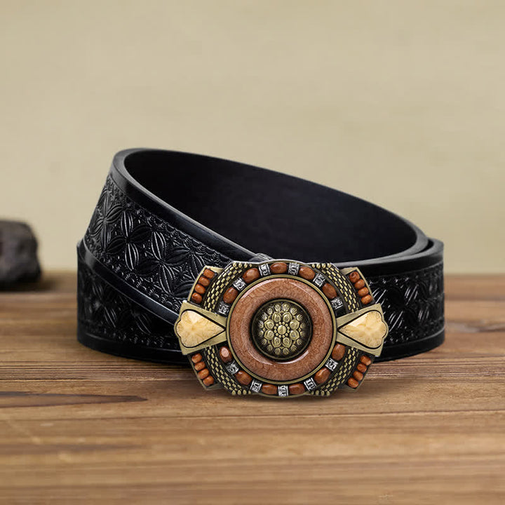Men's DIY Indian Wood Bead Buckle Leather Belt - Square - Black Embossed Weave Belt (38) - image 5