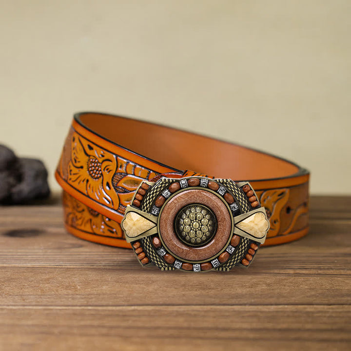 Men's DIY Indian Wood Bead Buckle Leather Belt - Square - Orange Carved Belt (40) - image 9