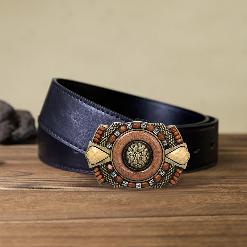 Men's DIY Indian Wood Bead Buckle Leather Belt - Square - Black PU Belt (40) - image 3