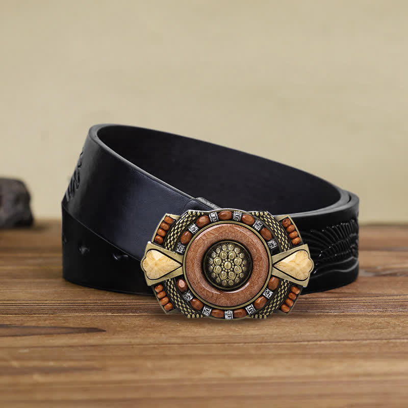 Men's DIY Indian Wood Bead Buckle Leather Belt - Square - Black Embossed Eagle Belt (38) - image 4