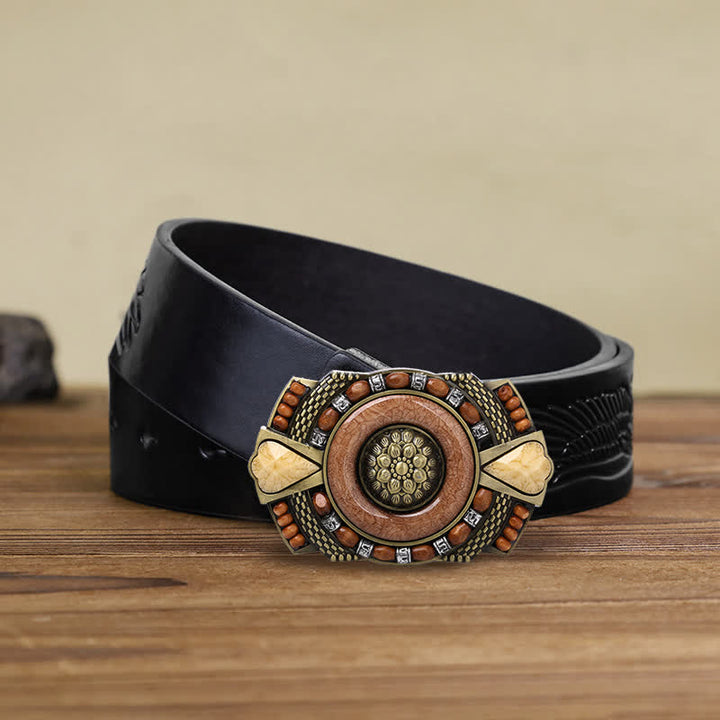 Men's DIY Indian Wood Bead Buckle Leather Belt - Square - Black Embossed Eagle Belt (38) - image 4