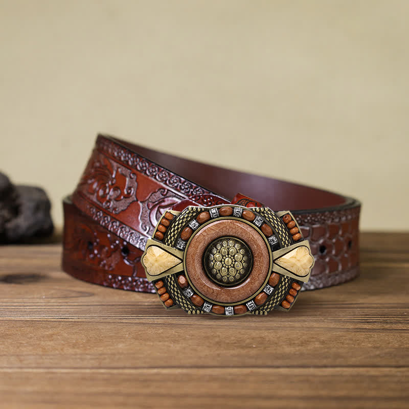 Men's DIY Indian Wood Bead Buckle Leather Belt - Square - Brown Carved Belt (40) - image 7