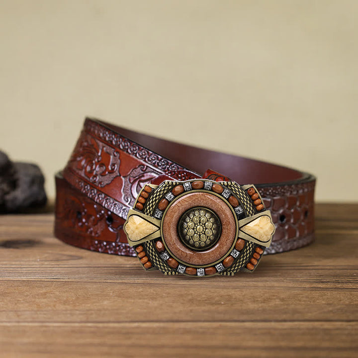 Men's DIY Indian Wood Bead Buckle Leather Belt - Square - Brown Carved Belt (40) - image 7