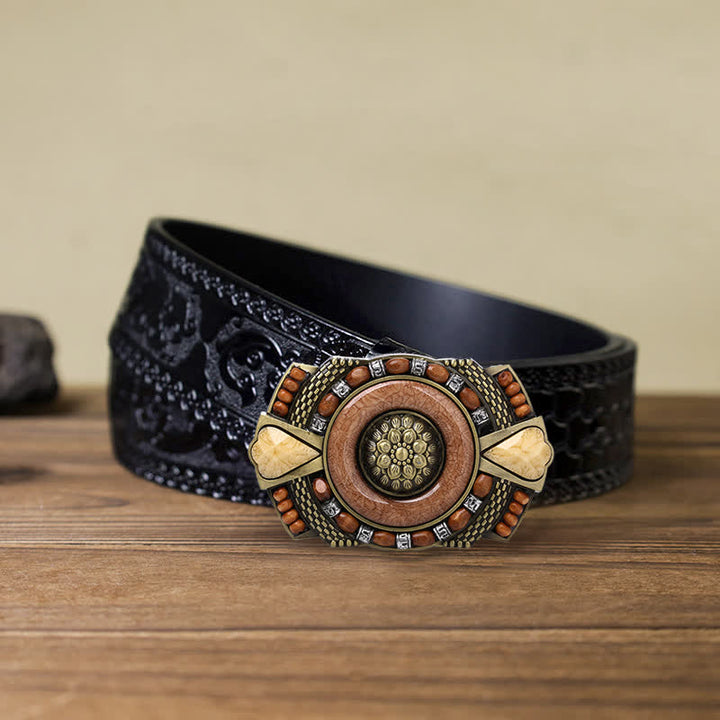 Men's DIY Indian Wood Bead Buckle Leather Belt - Square - Black Carved Belt (40) - image 6